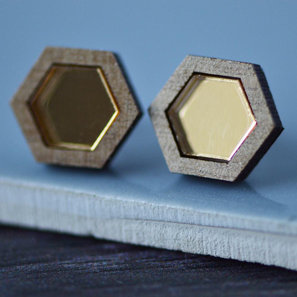 Mirrored Gold Hexagonal Geometric Stud Earrings