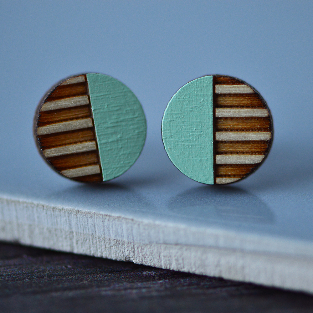 Mint Walnut Circle Stripe Stud Earrings