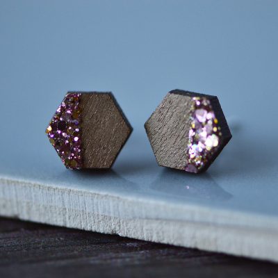 Rose Gold Glitter Hexagon Stud Earrings