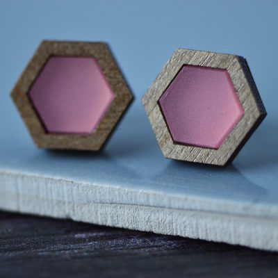 Frosted Pink Hexagonal Geometric Stud Earrings