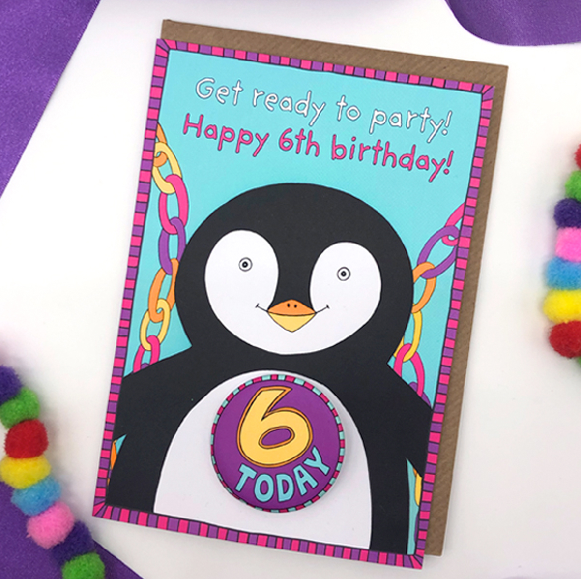 Happy 6th Birthday Penguin Badge Card