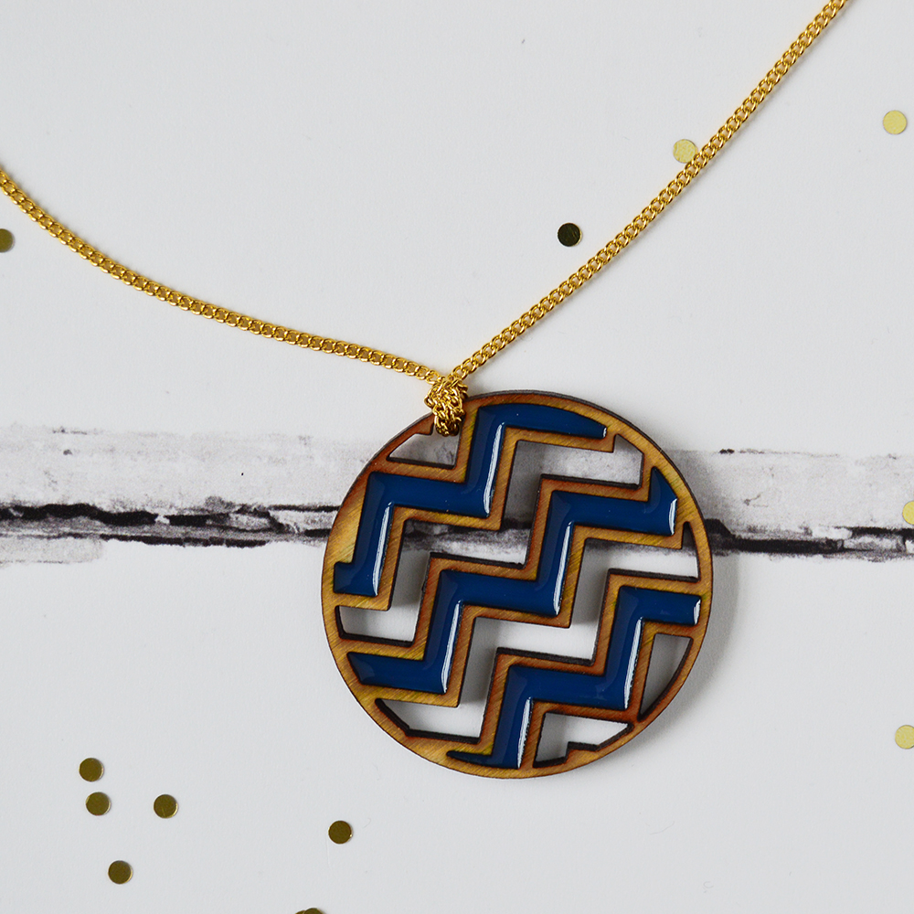 Blue Chevron Wood & Resin Necklace
