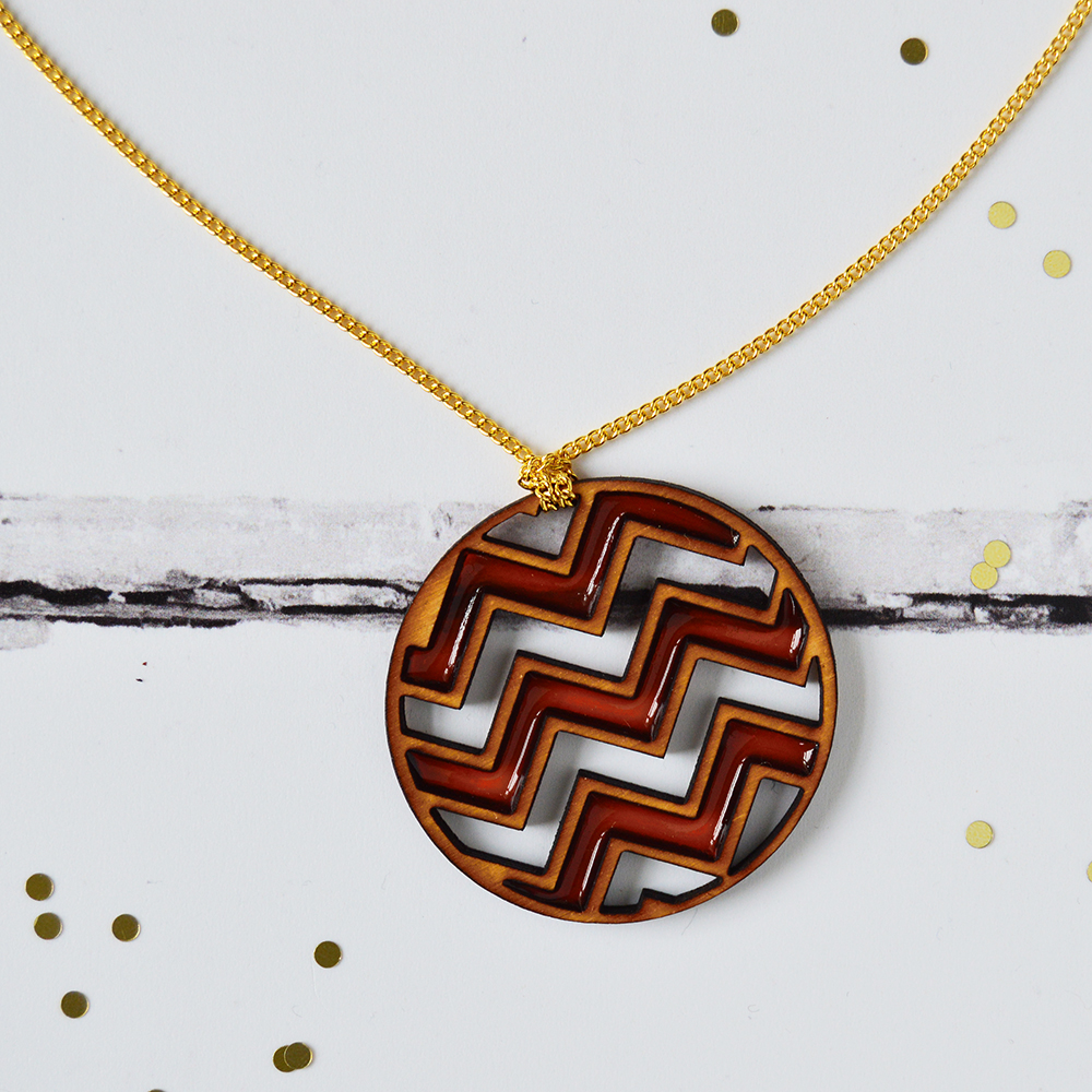 Red Chevron Wood & Resin Necklace