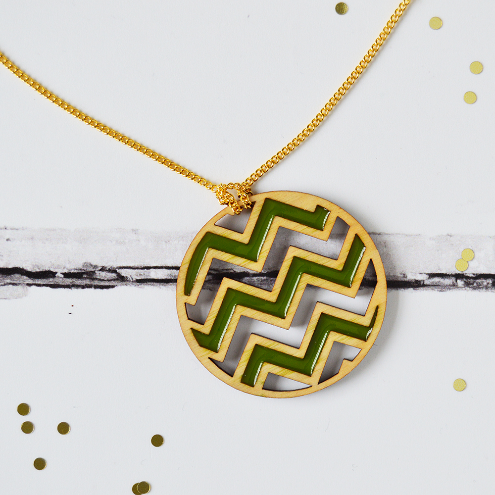 Green Chevron Resin & Wood Necklace