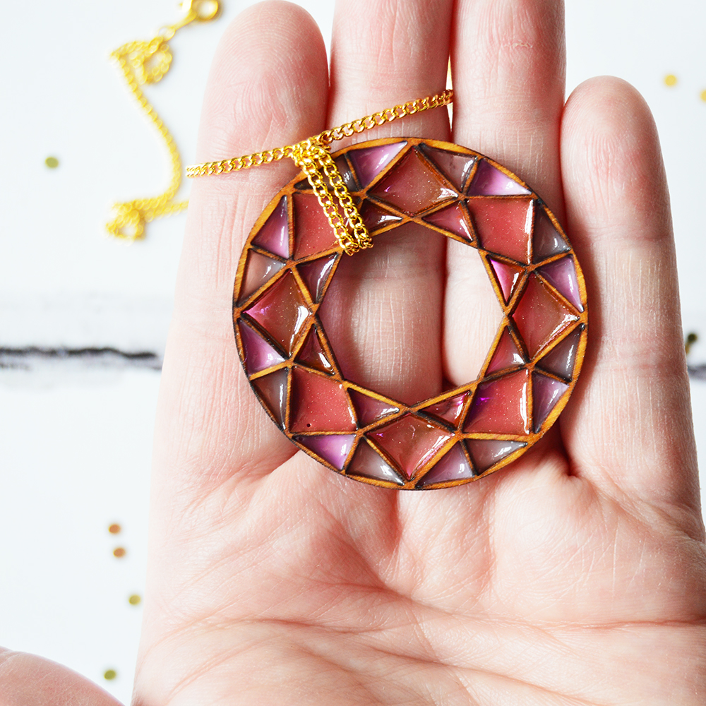 Geometric Resin & Wood Pink Necklace
