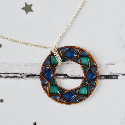 Geometric Resinl & Wooden Blue-Green Necklace