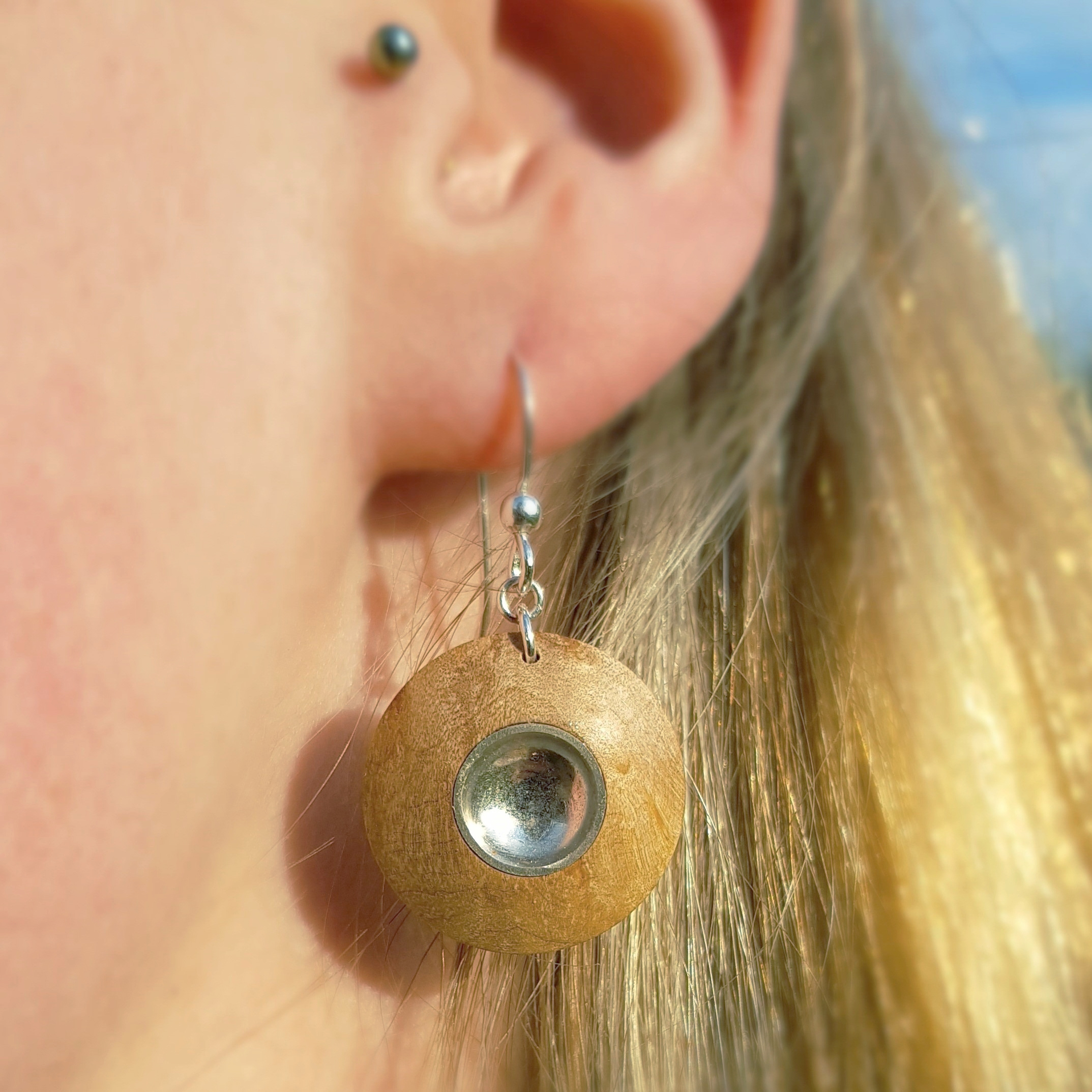 Maple Burr Silver Dome Earrings Lifestyle