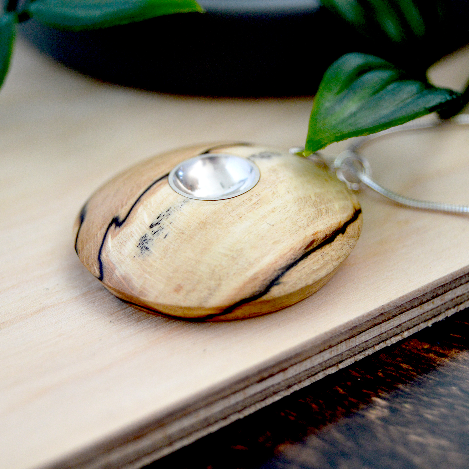 Spalted Beech Silver Dome Necklace Detail