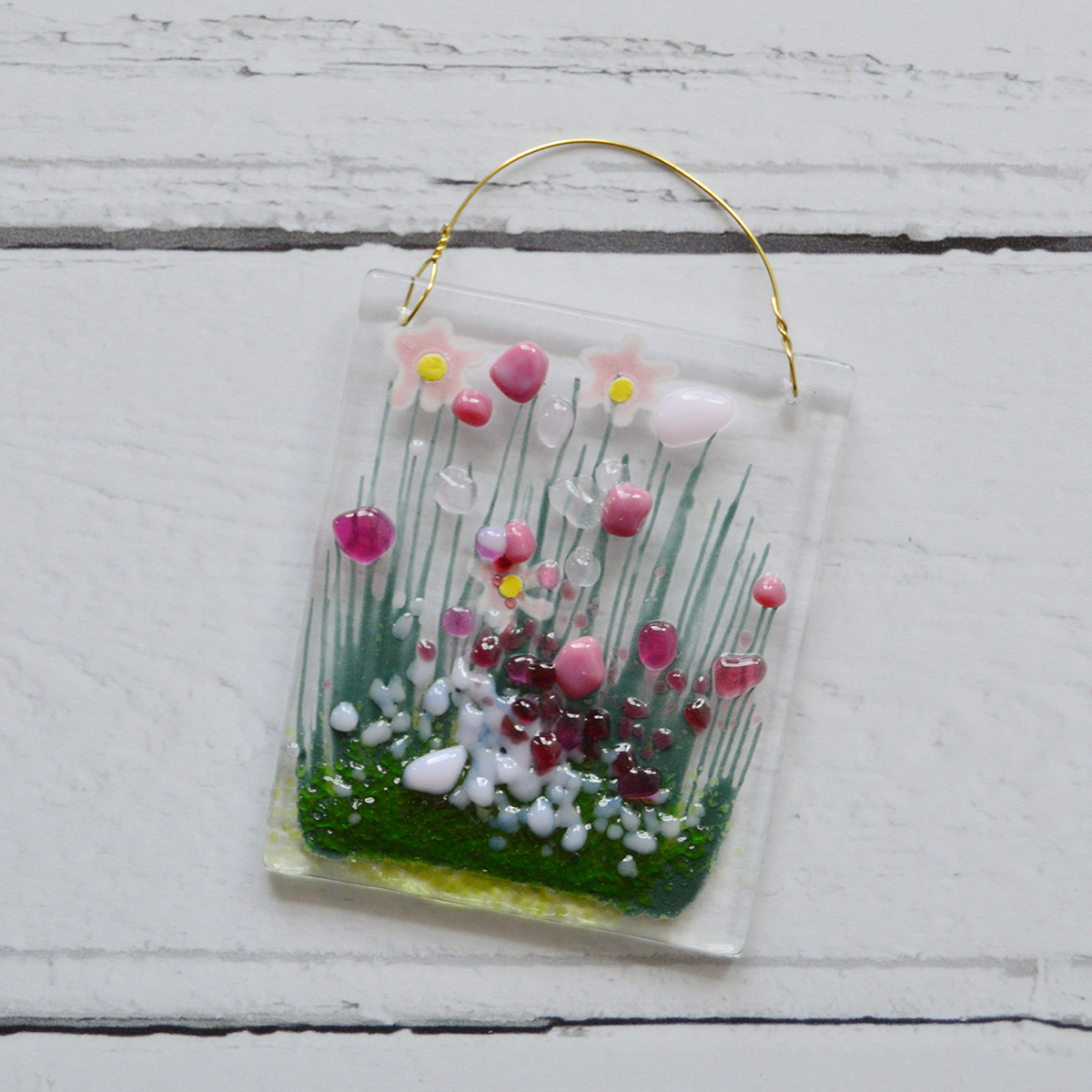 Pink Blooming Fused Glass Hanger