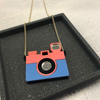 Coral & Blue Camera Acrylic Necklace