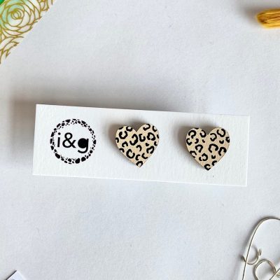 Beige and Black Cheetah Print Mini Heart Studs