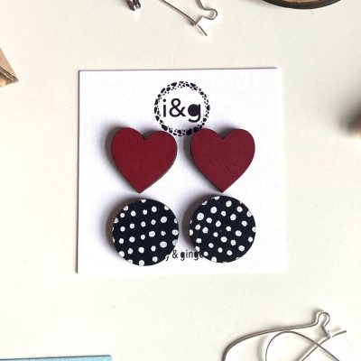 Red Heart and Black and White Polka Dot Wooden Stud Set