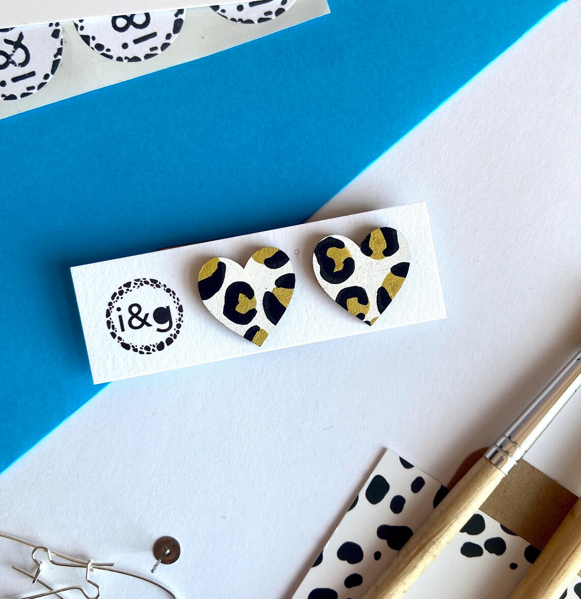 Gold, Black and White Leopard Print Heart Studs