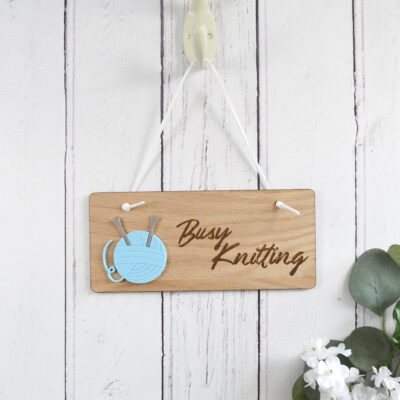 Busy Knitting Wooden Hanger