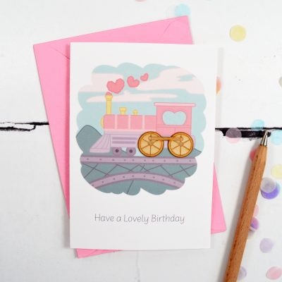 Pink Train Themed Wooden Element Birthday Card